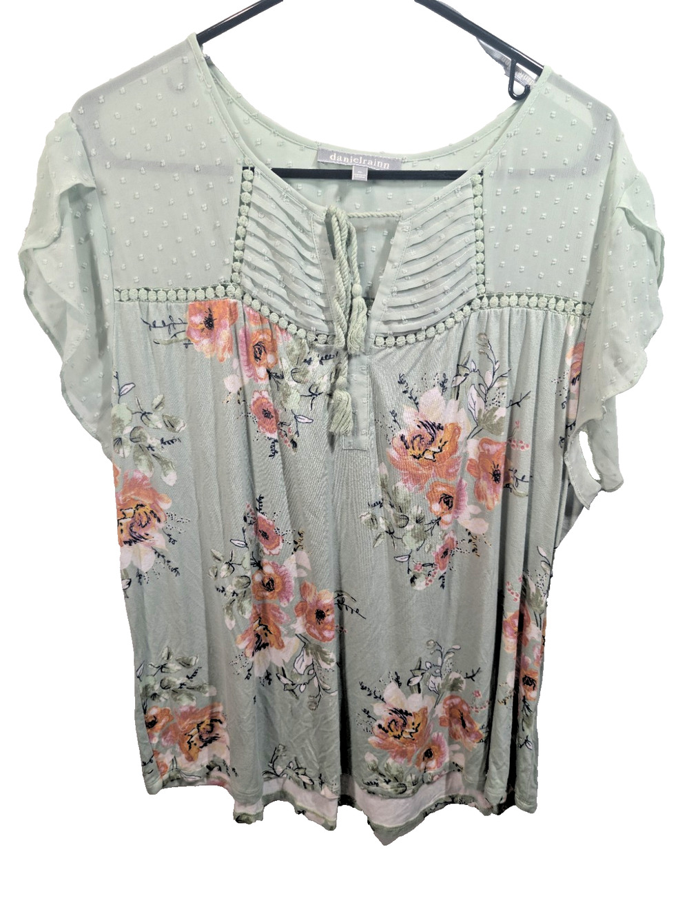 Womens XL Floral Shirt Green Peasant Blouse Cottage Popover Flowy Crochet Boho